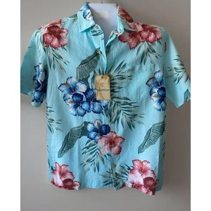 Caribbean Mens Shirt Size S Wood Button Down Blue Floral Linen Blend NEW - Picture 1 of 6