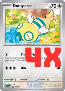4X Juego de Cartas Coleccionables Pokémon Dunsparce Escarlata y Violeta Paldea Evolucionado 156/193 Regular Casi Nuevo - Imagen 1 de 1