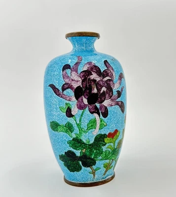 Antique Japanese Meiji Cloisonne Guilloche Foil Floral Vase Miniature 3 1/2" - Image 1 of 4