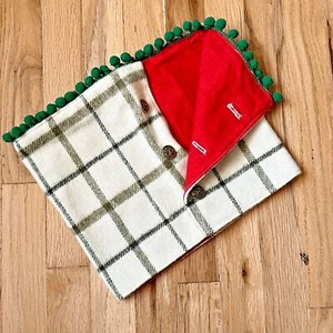 Handmade vintage fabric wool buttoned cowl plaid scarf neck warmer kids pompom - Picture 1 of 6