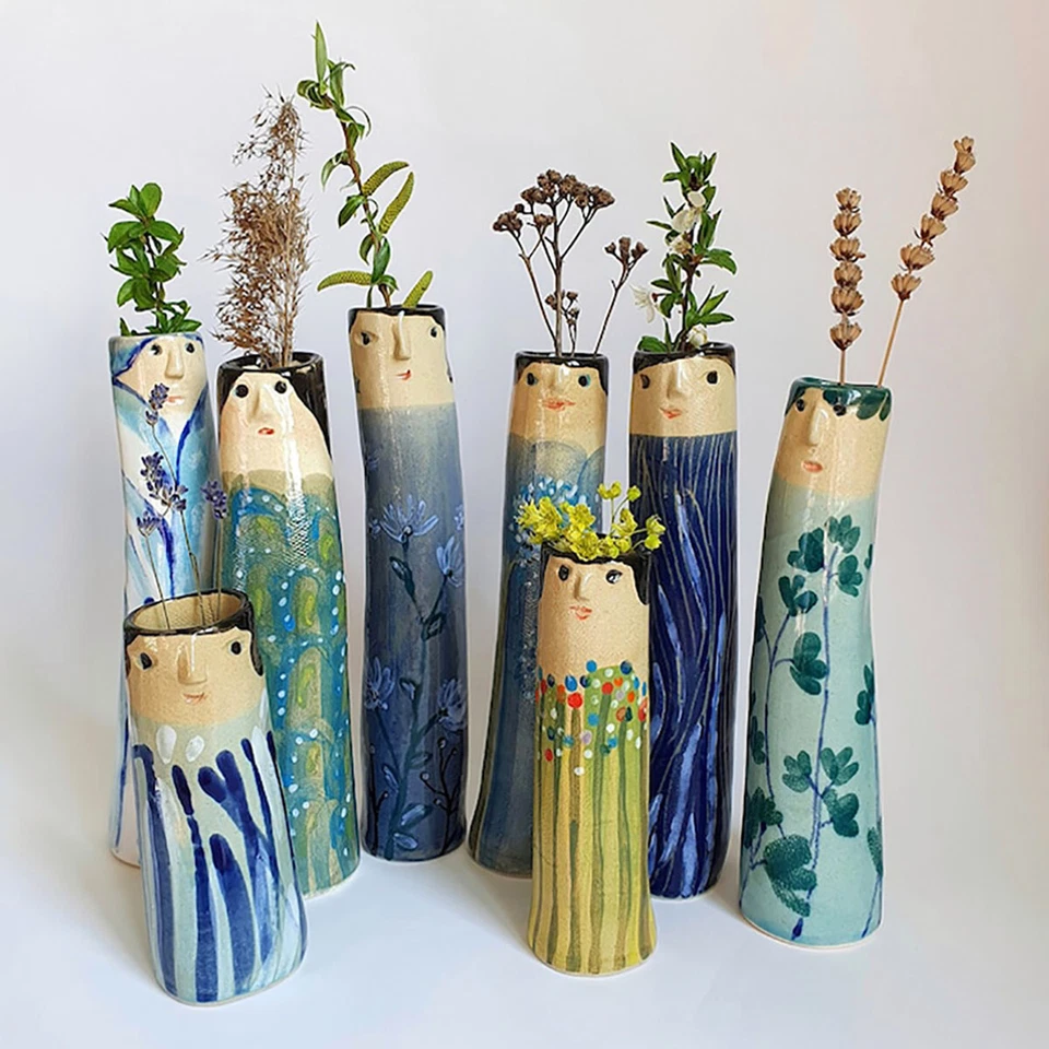 Boho Art Vase Family Human Face Painting Resin Flower Pot Tabletop Planter Decor - Image 1 of 4