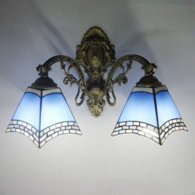 2heads Tiffany Wall Sconce Stained Glass Wall Lamp Bathroom Vanity Lighting Blue - Image 1 of 3