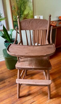 Antique Victorian Oak Wood Child Baby High Chair Spindles highchair tray - Image 1 of 4