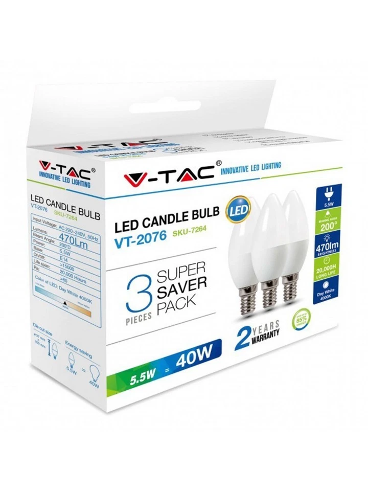 Kit 3 LED Light Bulbs 5,5w V-Tac E14 Light Natural 4500K - Image 1 of 1