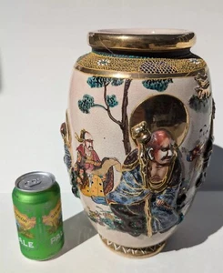 Unique Large Antique Japanese Satsuma Moriage Ceramic 4 Gods Gold Vase Signed - Picture 1 of 17