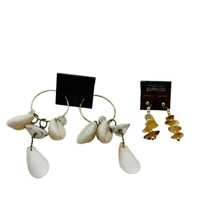 Dangle Earrings Set Of Two Gold Tone Shell And Agate Bohemian Womens Fashion - Image 1 of 4