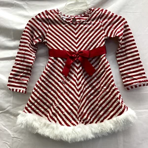 Bonnie Jean Red White Stripe Holiday Christmas Fur Trim dress Girls Sz 7 - Picture 1 of 7