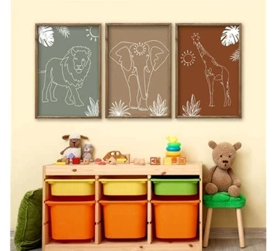 Safari Animal Wall Art Set Lion Elephant Giraffe 15"x10" Framed Nursery Decor - Image 1 of 4
