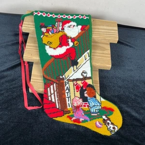 Vtg Homemade Needlepoint Christmas Stocking Santa Claus 16" Patti Dog Kids Toys - Picture 1 of 4