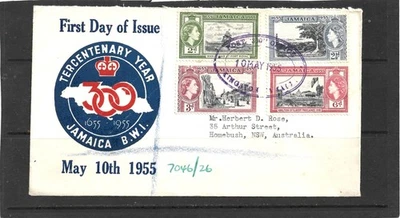 Jamaica 1955 Tercentenario FDC Dirección mecanografiada a Australia Foto 1 de 2