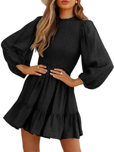 Women Casual Long Sleeve Mini Dress Mock Neck Smocked High Waist Flowy Dress - Picture 1 of 18
