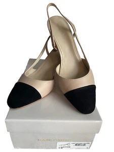 Marc Fisher Laynie Slingback Pumps Beige Natural/Black Suede Cup Toe Sz 9M - Picture 1 of 12