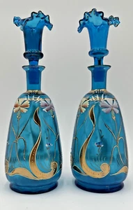 Pair Blue Bristol Glass Decanter Vases Enamel & Gold Gild Paint Ruffled Stoppers - Picture 1 of 24