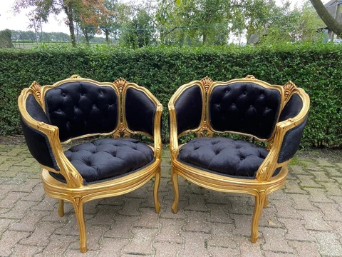 1950's French Corbeille Louis XVI Bergere Chairs in Black Velvet - a Pair Cover