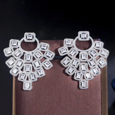 CZ Dangle Drop Earring Square Shape Christmas Day Jewelry White Gold Plated Gift — 第 1/4 张图片