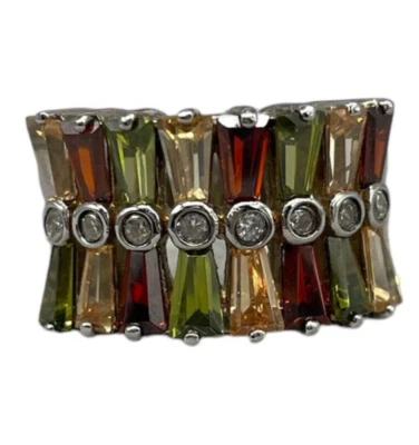 Anello Donna Argento 925 fascia pietre luminiose baguette gialli rossi arancioni - Immagine 1 di 4