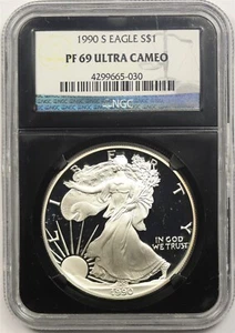1990-S Silver Eagle PF 69 Ultra Cameo $1 NGC *Black Retro Slab* - Picture 1 of 4