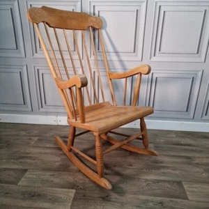 Retro Vintage Wooden Rocking Arm Chair Seat - Turned Country Farmhouse Rocker - Picture 1 of 24