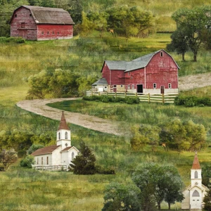 1/2 Yard Country Farm Farmstead Green Scenic Sewing Quilting Fabric - Picture 1 of 3