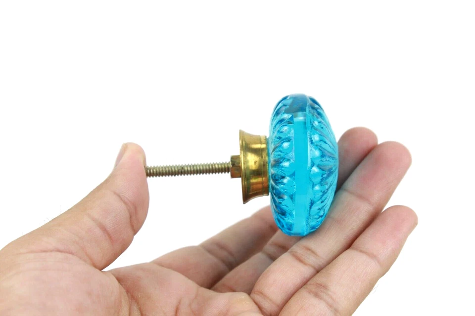 Sky Blue Crystal Glass Door Knob Set of 2 Pcs | Antique Style with Brass Accents - Image 1 of 4