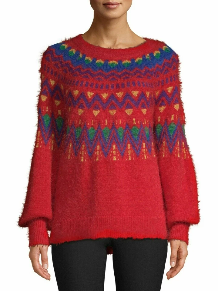 Time and Tru Women's Size XL Fair Isle Pullover Sweater Red Rover Combo