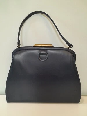 Theodor California Vtg Handbag Purse Navy Blue w/ Brass Hardware Satin Lining  - Image 1 of 4
