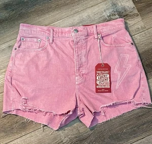 Lucky Brand AC/DC Lightning Mom High Rise Short Women's Size 12/31Pink Rough Hem - Picture 1 of 17
