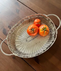 Midcentury französischer versilberter geflochtener Drahtkorb mit Griffen 16" Küche Dekor - Bild 1 von 7