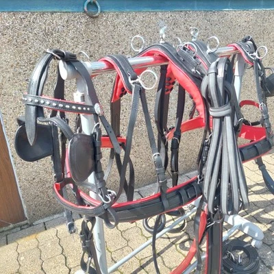 Top  Leder Zweispänner  Geschirr Mini Shetty Schwarz/rot Mit Hintergeschirr  - Bild 1 von 4