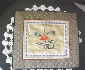 Vintage Hand Embroidered Japanese Textile Flower with Blue Butterfly Gold - Picture 1 of 5