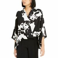ALFANI NEW Women/'s Black Printed Grommet-sleeve Bubble Blouse Shirt Top S TEDO
