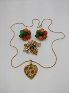 D'orlan Necklace HEART Kramer NY Clip Fall Earrings Unsigned Brooch Vintage Lot - Picture 1 of 10