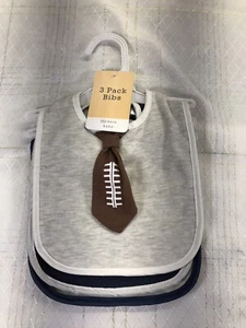 3pk Baby Infant Feeding Bib Bibs Boy Sports Football Gray Blue Brown Solid - Picture 1 of 7