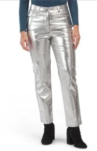 7 FOR ALL MANKIND FAUX LEATHER METALLIC SILVER PANTS SZ MEDIUM NWT - Picture 1 of 8