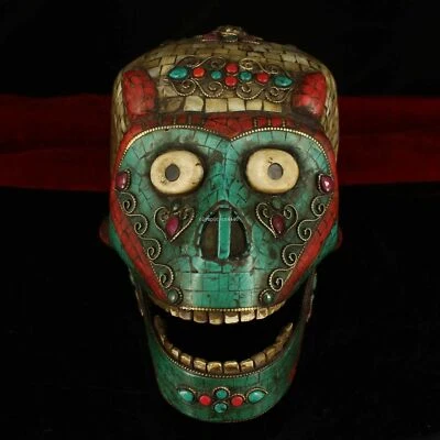 9"" Antiguo Tibetano Bronce Cobre Incrustación Turquesa Gema Budismo Kapala Calavera Cabeza  Foto 1 de 4