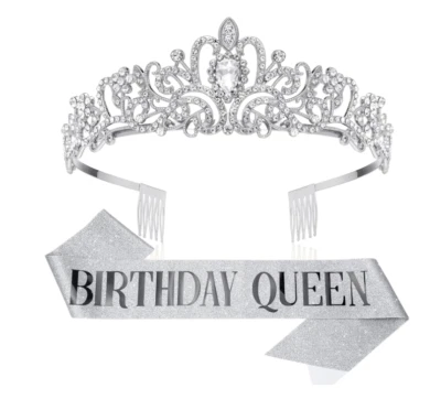 Makone Crown Crystal Tiara With Birthday Queen Sash, For Women Girls