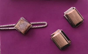Braun & Weiß Achat Herren Krawattenklammer & Manschettenknöpfe Silberfarben Edelstahl 60er - Bild 1 von 17