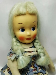 Vintage Zelluloid Gesicht Mädchen Puppe blaue Haare um 1950 16" groß gelenkig gekleidet - Bild 1 von 12