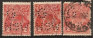 KGV 2d Red Australia G NSW Punctured Perfin Used x 3 - Picture 1 of 1