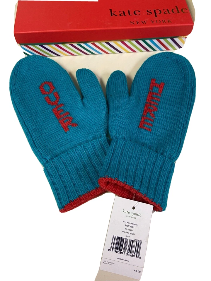 Kate Spade Over Here Big Apple Mittens Teal Red so Cute