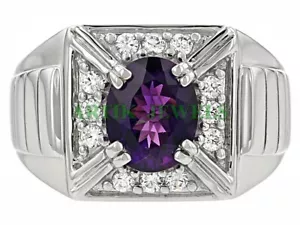 Natural Amethyst Gemstone with 14K White Gold Plated Silver Ring for Men's #01 - Picture 1 of 11