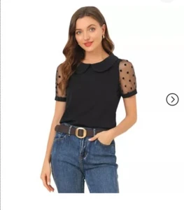 Allegra K Peter Pan Collar Puff Mesh Short Sleeve Polka Dot Blouse Sz-XL - Picture 1 of 2