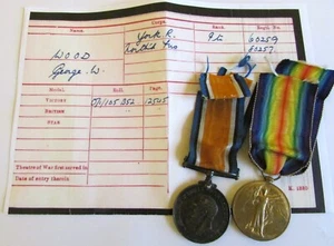 WW1 MEDAL PAIR PTE G W WOOD 60259 YORK REGIMENT & NORTHUMBERLAND FUSILIERS - Picture 1 of 3