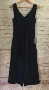 1901 Petite 4P Sleeveless Jumpsuit Tie Back Wide Leg Cropped Navy White Striped - Picture 1 of 5
