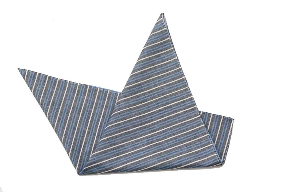Gascoigne Large Pocket Square Blue Gray White Striped Cotton 16" X 16" - Image 1 of 1