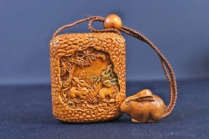 Inro de madera antiguo japonés raro con diseño de conejo, Netsuke y Ojime - Imagen 1 de 16