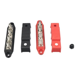 Pair Red & Black 3/8" 4 Stud Power Distribution Block Busbar With Cover M10 - Picture 1 of 16