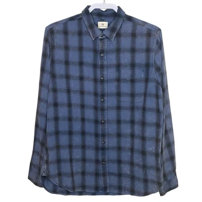 Camisa masculina AG Colton M azul preta lavada xadrez botão para cima casual grunge NOVA - Imagem 1 de 4