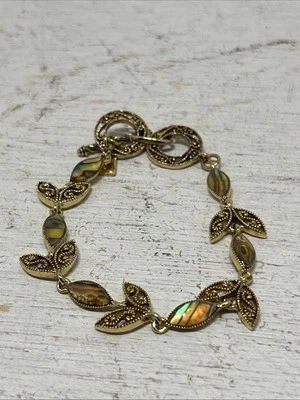 Vtg Cookie Lee Abalone Shell Filigree Gold Tone Leaf Toggle Bracelet 8" - Image 1 of 4