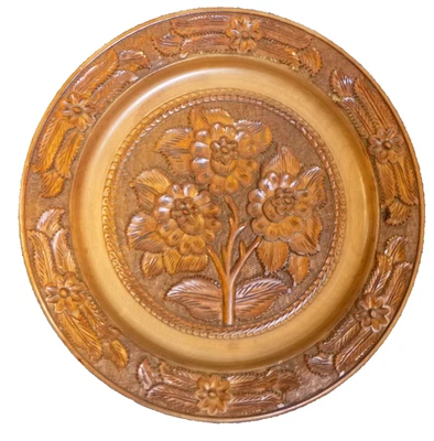 Vintage Rustic Large Wooden Wall Hanging Plate Hand Etched Inlaid Design Decor - Image 1 of 4